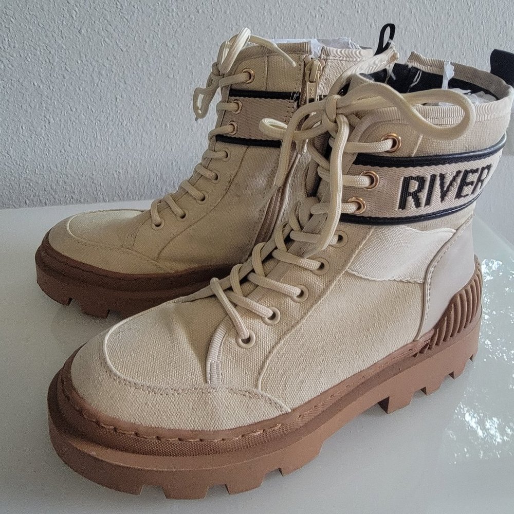 River Island canvas boot with logo in beige